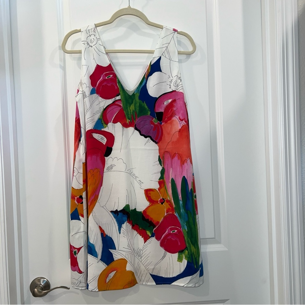 Desigual women White Multi Floral Parrot Sleeveless Summer Dress sz M Excellent